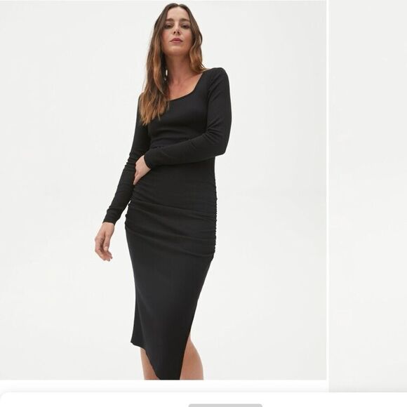 Michael Stars Natalie Square Neck ribbed ruched midi dress - Picture 1 of 16